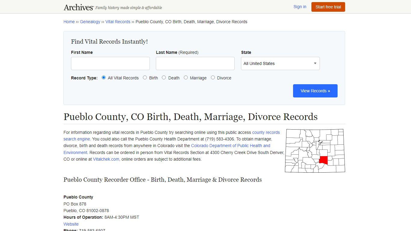 Pueblo County, CO Birth, Death, Marriage, Divorce Records